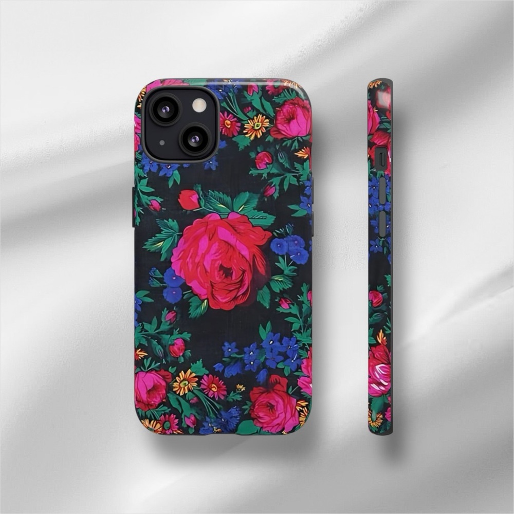iPhone 13 Tough Phone Case Masani Rose Floral Pattern Black Multicolor